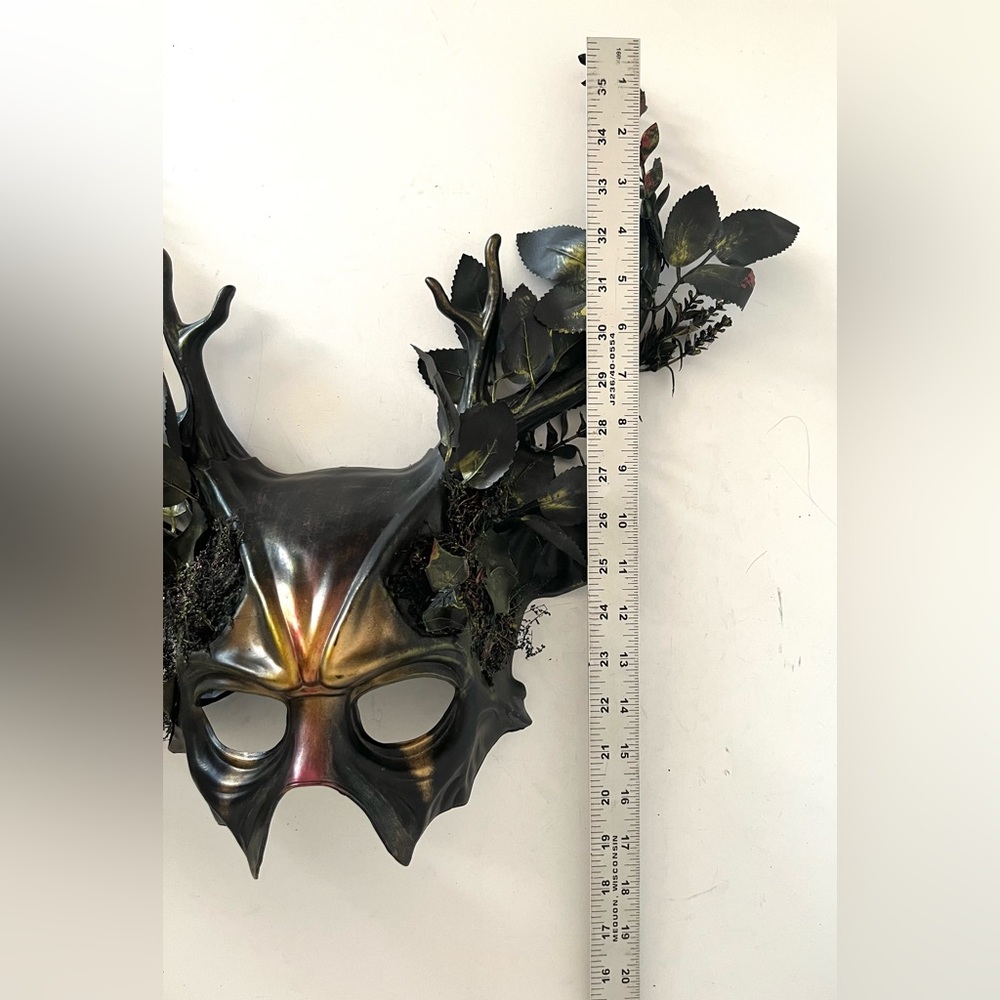 Hand Crafted Forest Deer Antler Halloween Mask Black Gold Hand Painted Moss Fern - Picture 11 of 12